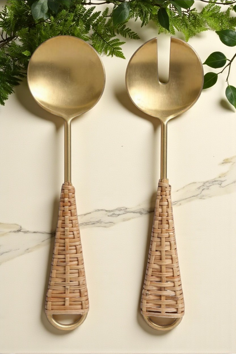 Goa Gold & Rattan Salad Servers – Tasteful Living